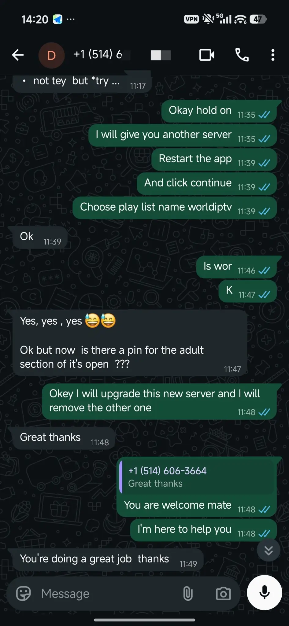 World IPTV WhatsApp proof Canada customer