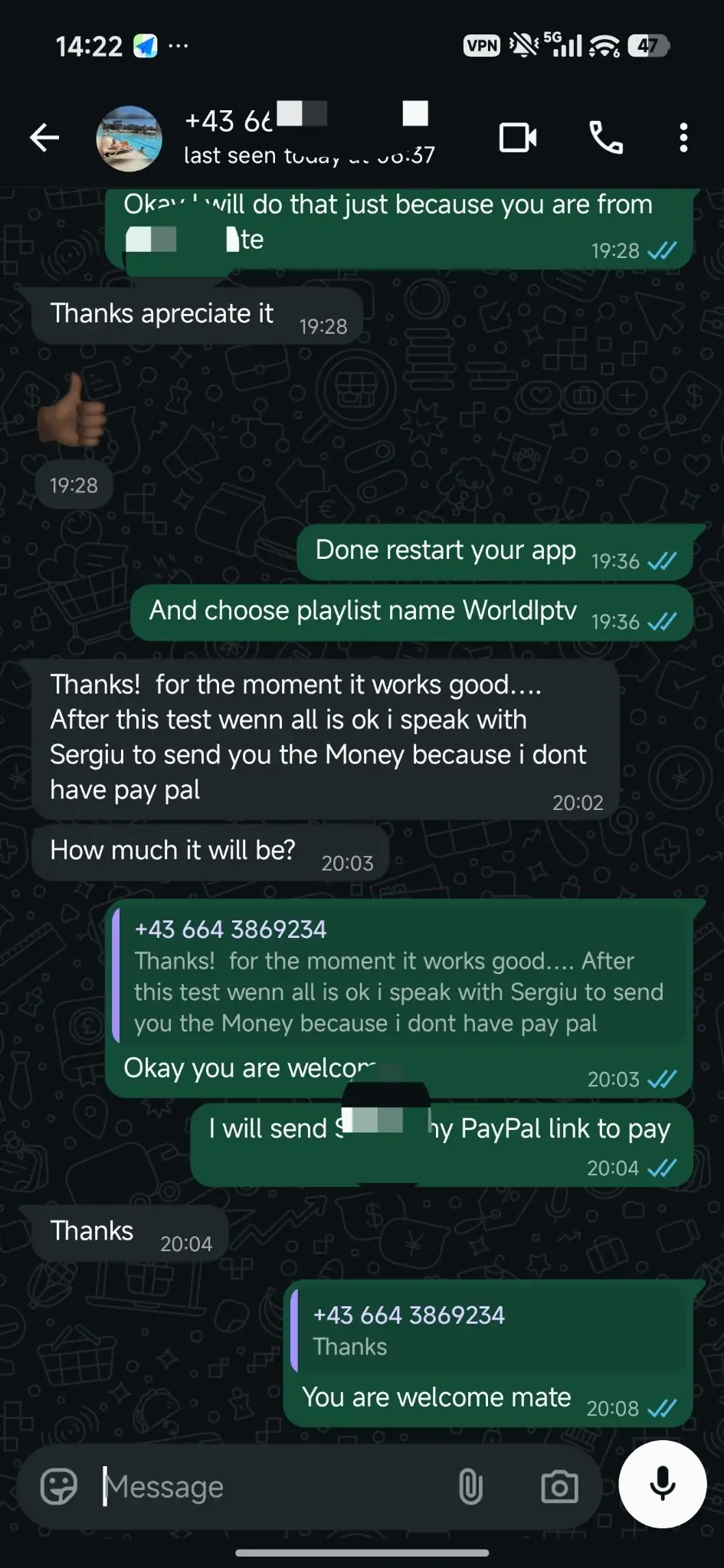 World IPTV WhatsApp proof Austria customer