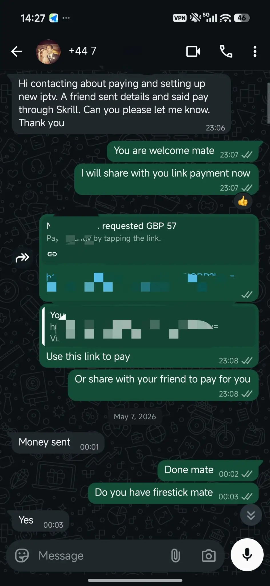 World IPTV WhatsApp proof UK Firestick customer