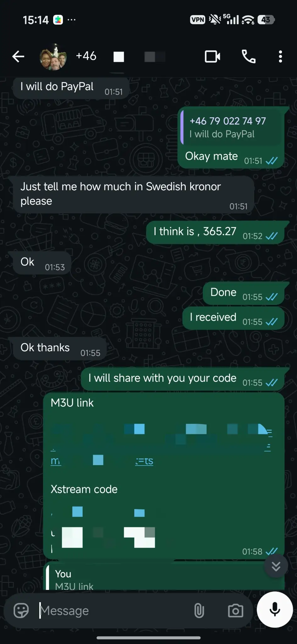 World IPTV WhatsApp proof Norway customer